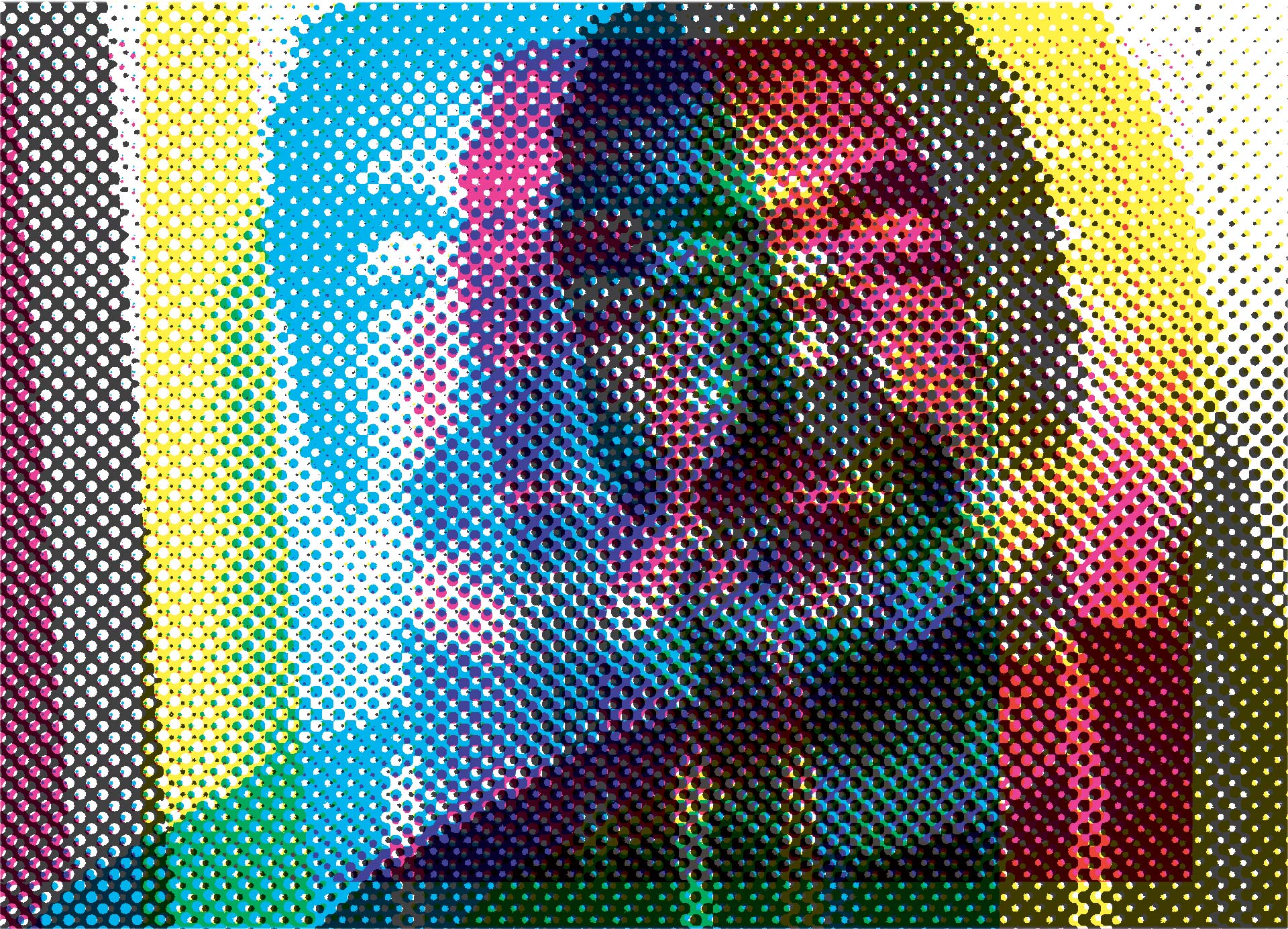 Portrait multicolore généré en tramage de points circulaires superposés, formant une image composite à partir de couches cyan, magenta, jaune et noir, avec des décalages visibles entre les couches produisant un effet de moiré et de surimpression.