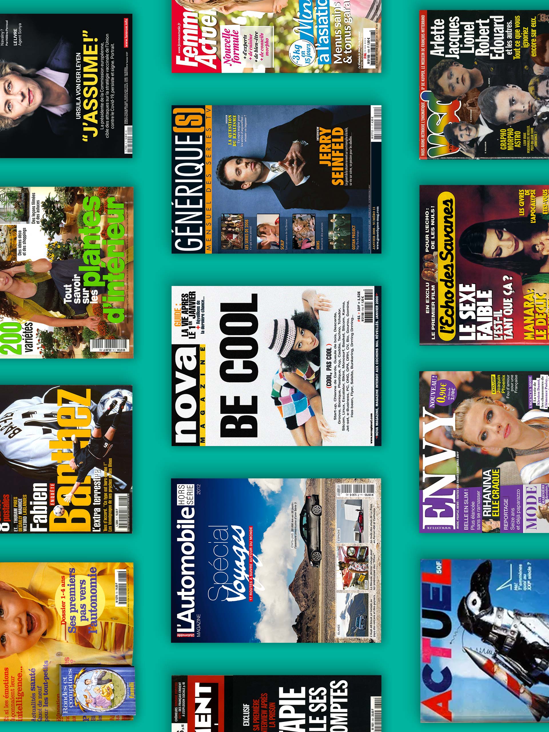 Vue en plongée d’un ensemble de couvertures de magazines variés disposées en grille sur un fond turquoise, comprenant des titres de presse généraliste, people, automobile, décoration, jardinage, actualité et loisirs.